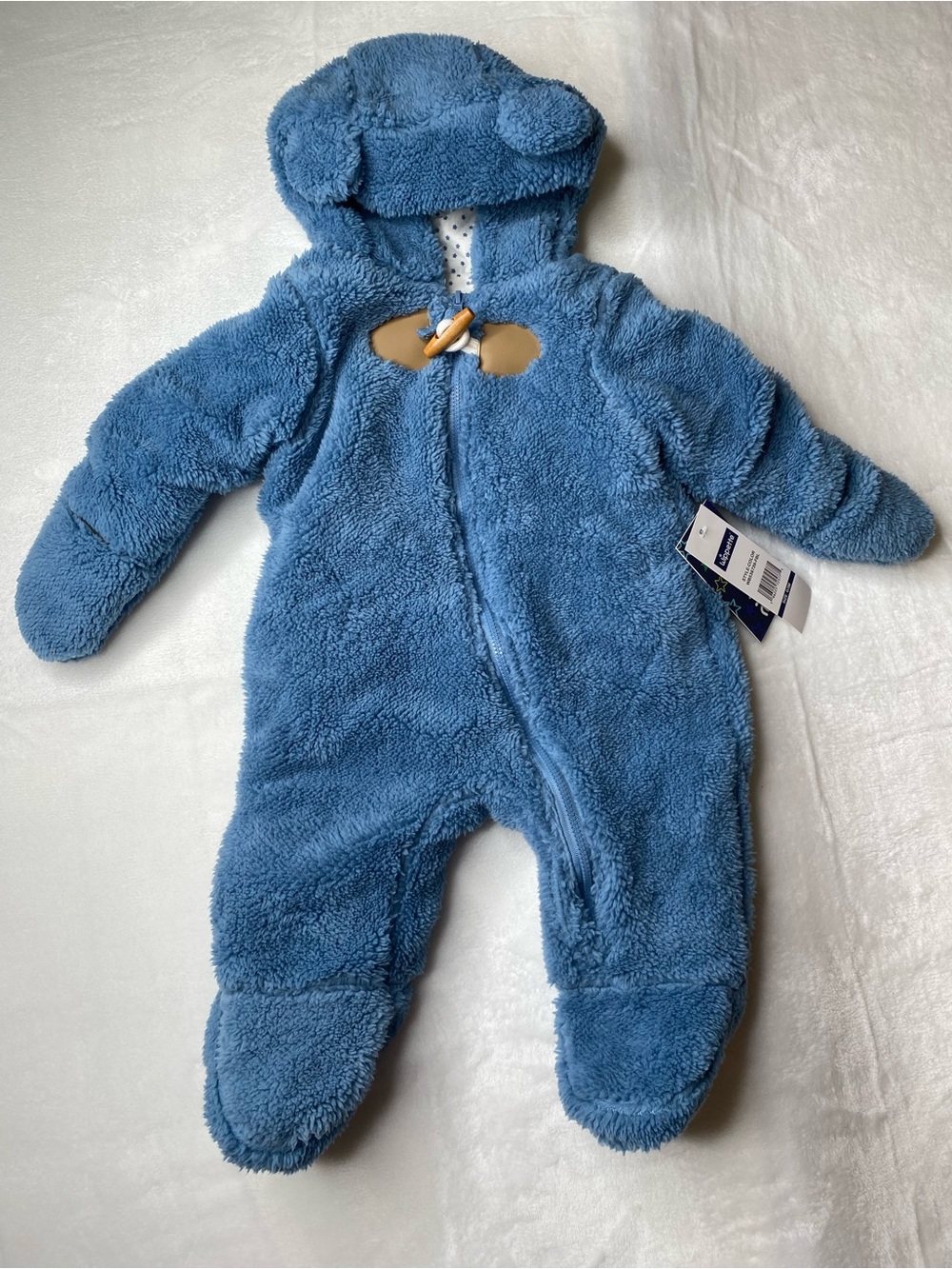 Wippette Baby Plush Blue Hooded  One-Piece Footie Size 0-3 M